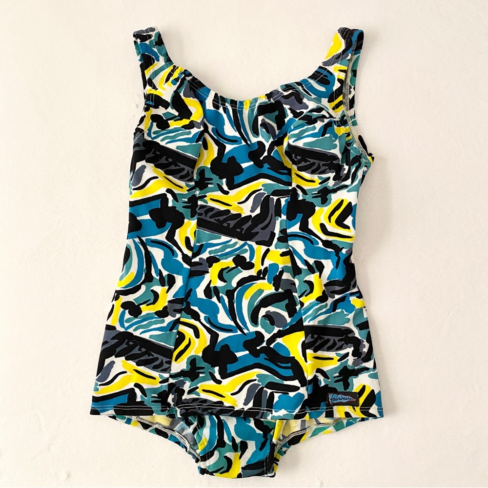 Vintage 1960s Blue & Yellow Abstract Piece Swimsuit